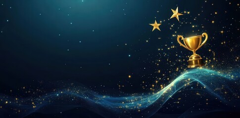 Abstract background featuring stars and a golden trophy on a dark blue wave, perfect for awards ceremony themes and customizable with space for text.