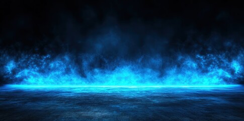 Fototapeta premium Abstract blue and black background with a spotlight on a concrete floor, featuring smoke in a dark room. Ideal for product presentations, mockups, and photo studio displays. 
