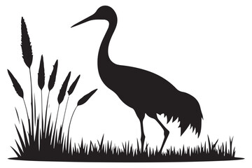 Silhouette of Heron and Reeds Vector Art Wildlife Illustration Design