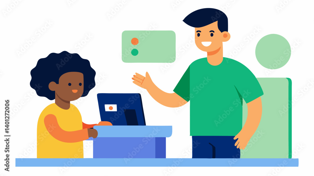 Poster kids and biometrics a parent guiding their child to use a fingerprint scanner while checking out pro