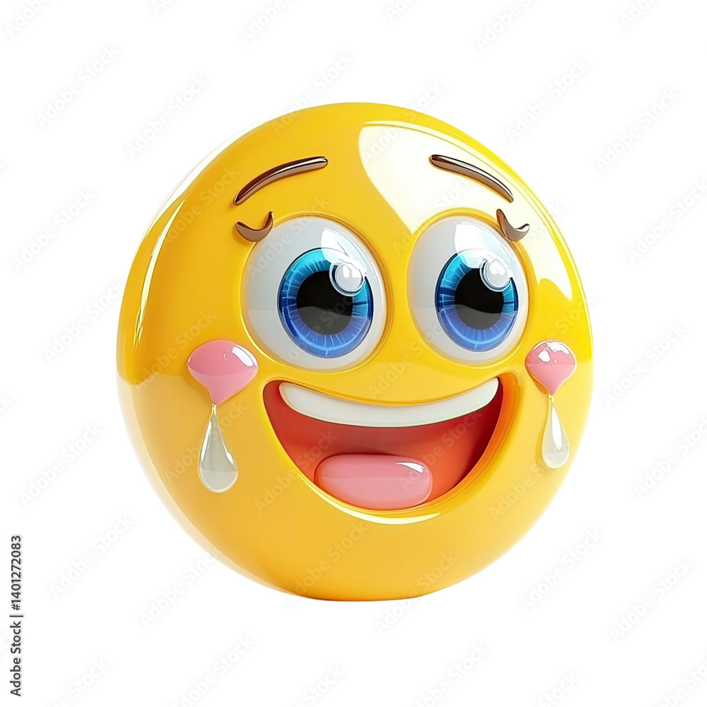 Poster cheerful yellow emoji with tears of joy and a wide open smile isolated on transparent background. di