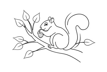 Cute Squirrel Sitting On A Branch Eating Nut Isolated Line Art Drawing
