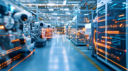 Futuristic Automated Factory Interior with Digital Overlay