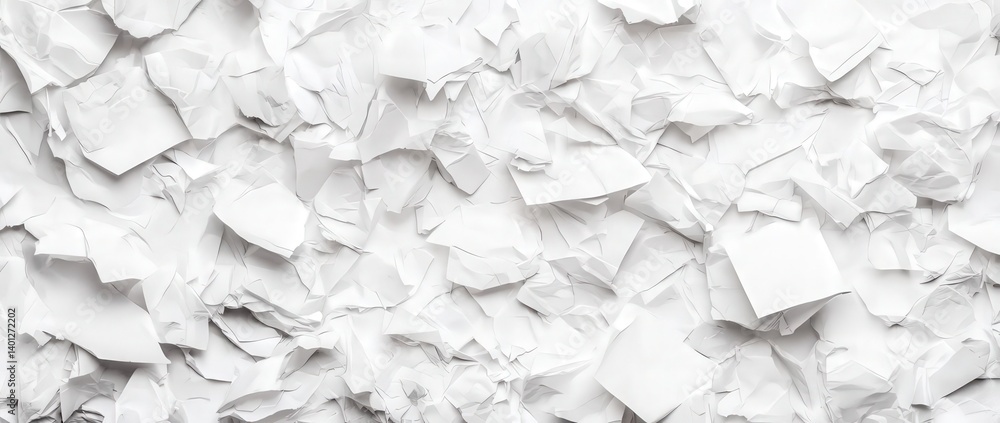 Poster crumpled white paper texture background featuring multiple blank sheets, ideal for copy space in ban