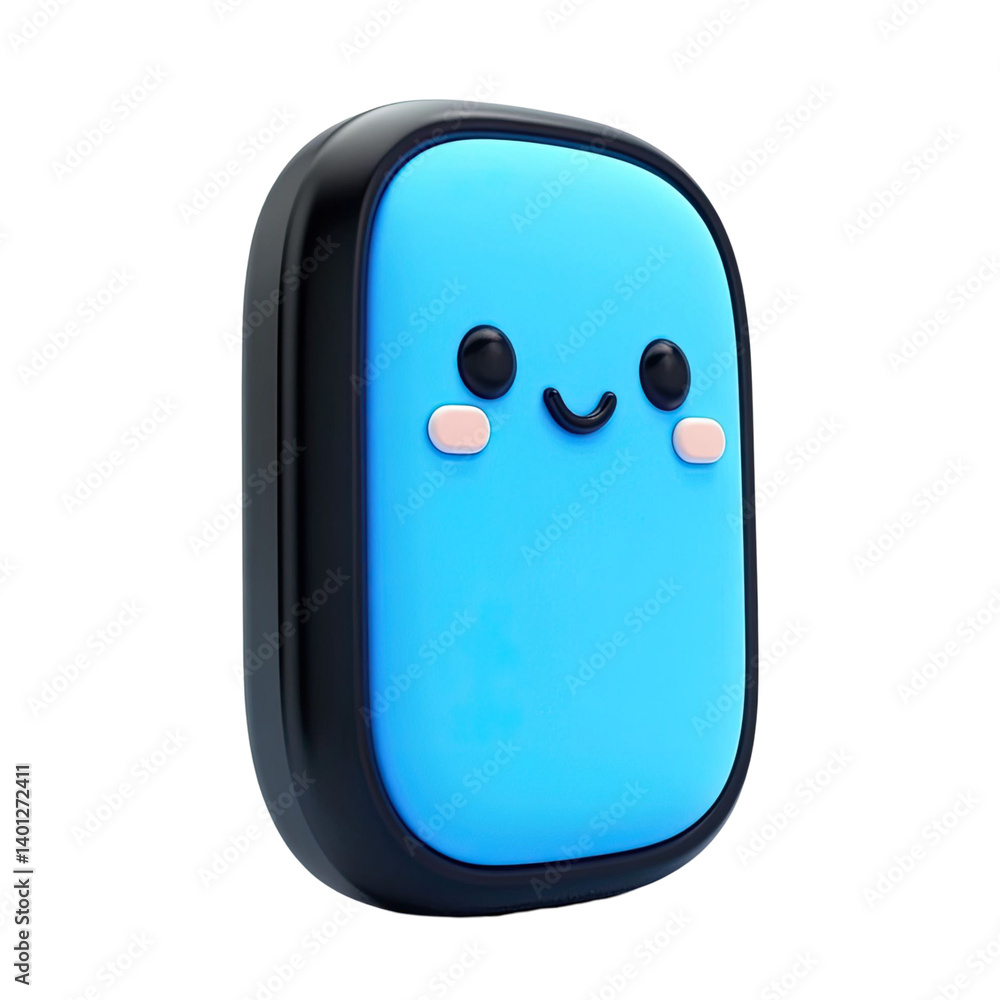 Poster cheerful blue character smiling with rosy cheeks in glossy finish on transparent background