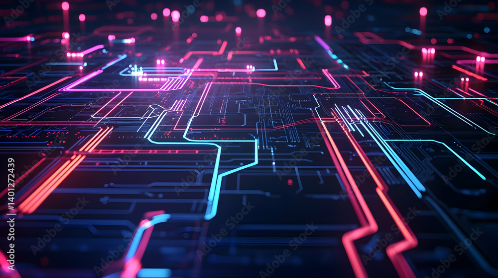 Poster abstract circuit board pattern with neon colors