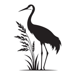 Crane Bird in Grass Silhouette Vector Illustration Design Template