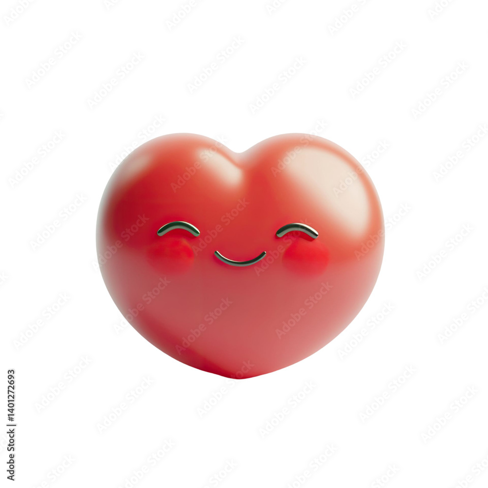 Poster smiling red heart character on transparent backdrop. 3d rendered artwork of a cheerful emoji. expres