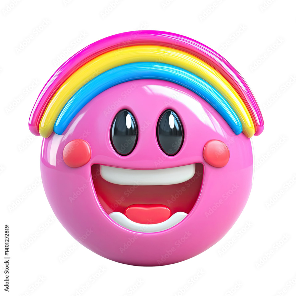 Poster smiling face with rainbow arc over head on transparent background. joyful expression and vibrant col