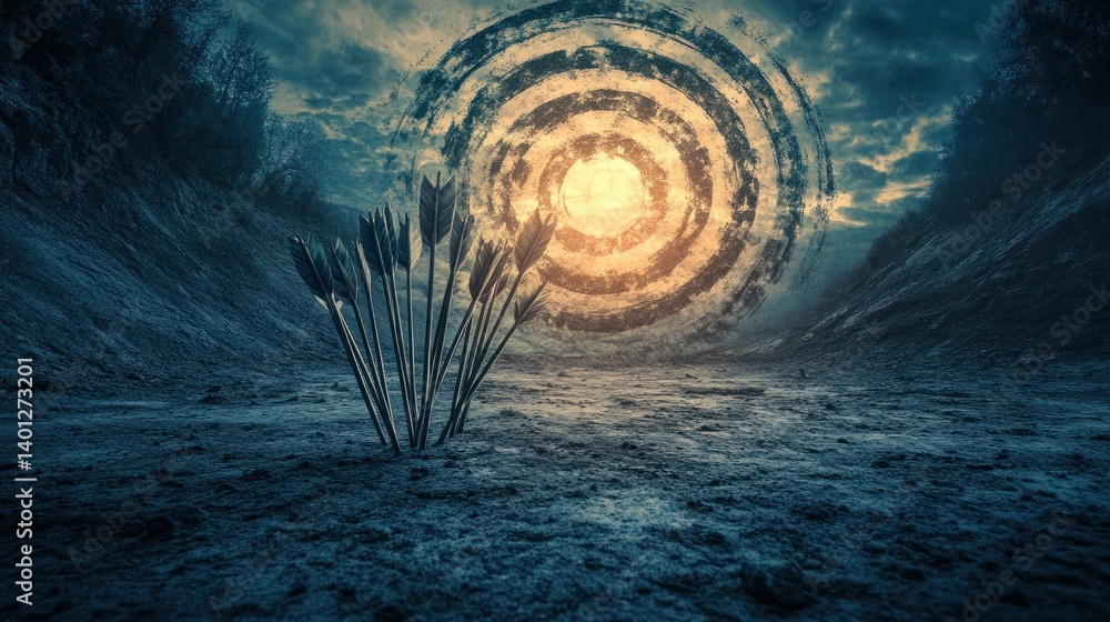 Poster arrows embedded in dusty ground before a glowing target; epic fantasy scene