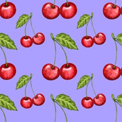 seamless pattern with cherries, red cherry pattern, food illustration, watercolor style