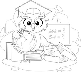Owl Coloring Page with Blackboard, Globe and Books. Educational Printable for Kids