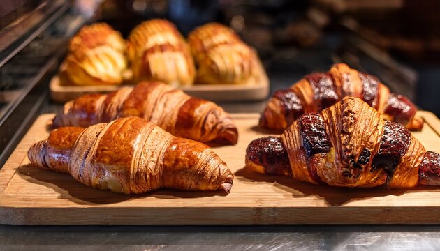 freshly baked pastries with fruit fillings and chocolate croissants displayed on a wooden board in a bakery