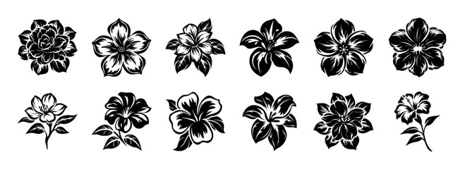Collection of twelve black and white floral illustrations featuring various flower types and arrangements