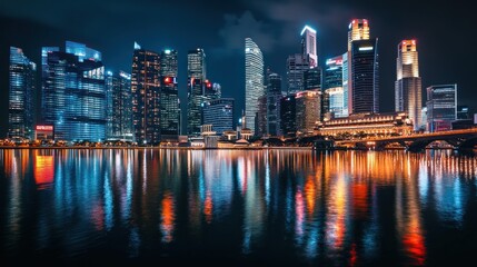 Singapore Skyline Night Reflection
