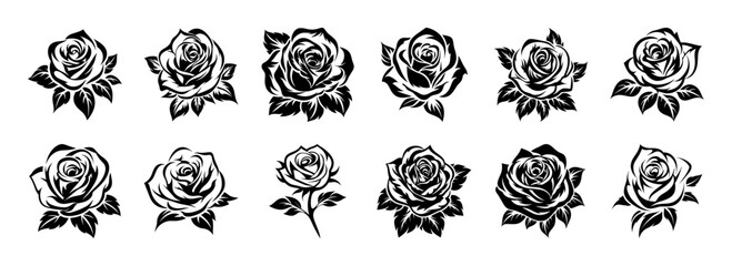 Collection of twelve black and white rose illustrations various styles and shapes