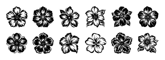 Collection of twelve black and white floral illustrations featuring hibiscus and other flower types © PixelArtBox