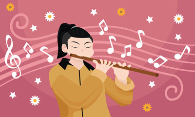 Man playing flute. Scale and musical notes. Flat style background. with musical notes and daisy flower patterns
