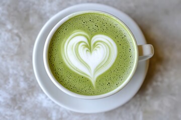 Overhead view of matcha latte with heart design in white ceramic cup on plate