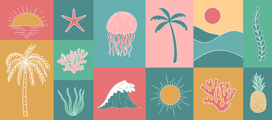 Summer retro posters boho style set collage 