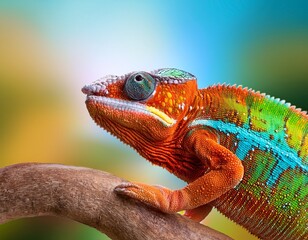Obraz premium colorful chameleon on blurred background n vibrant banner or header design with a multicolored chameleon and soft gradient backdrop