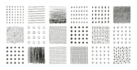 Hand drawn patterns with dots, lines, scribbles set. Geometric simple shapes, doodles, grunge ink blots, splashes for wallpaper, backgrounds. Vector isolated collection
