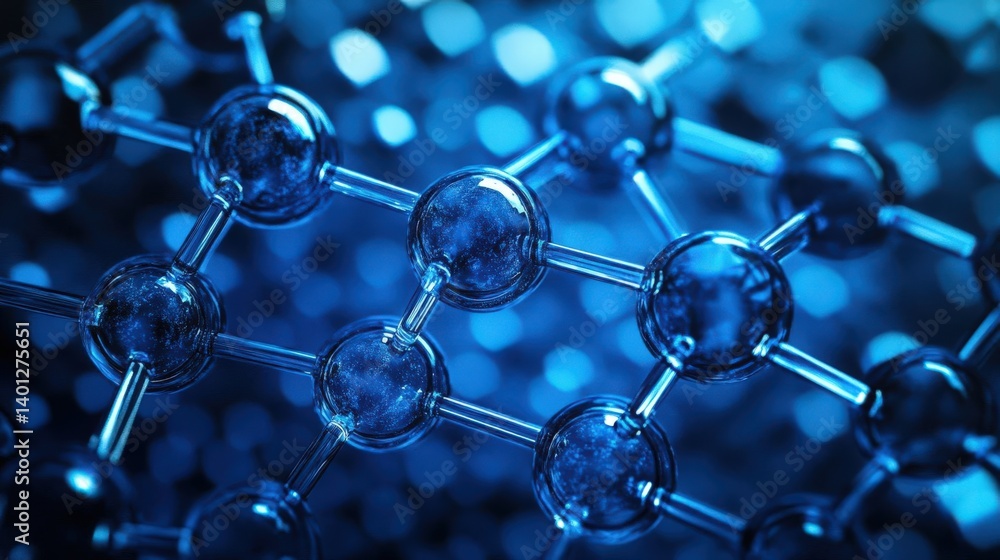 Poster abstract blue background featuring a hexagonal network and glowing dots, symbolizing technology, sci