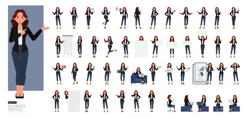 Big Set of Business woman wear black shirt, long brown curly hair character vector design. People working in office planning, thinking and economic analysis.