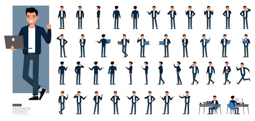 Big Set of businessman wear blue jacket character vector design. People working in office planning, thinking and economic analysis. Presentation in various action.