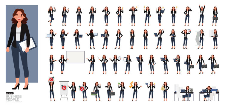 Big Set of Business woman wear black shirt, long brown curly hair character vector design. People working in office planning, thinking and economic analysis.