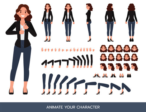 Businesswoman wear black shirt, long brown curly hair character vector illustration design. Create your own pose.