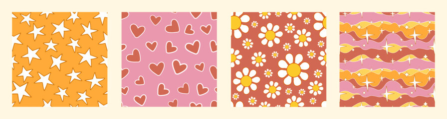 Retro groovy seamless pattern set. 