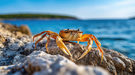 Fototapeta premium bright orange crab perches on rocky terrain near a vivid blue sea, basking under the sun with a scenic island and clear sky in the background
