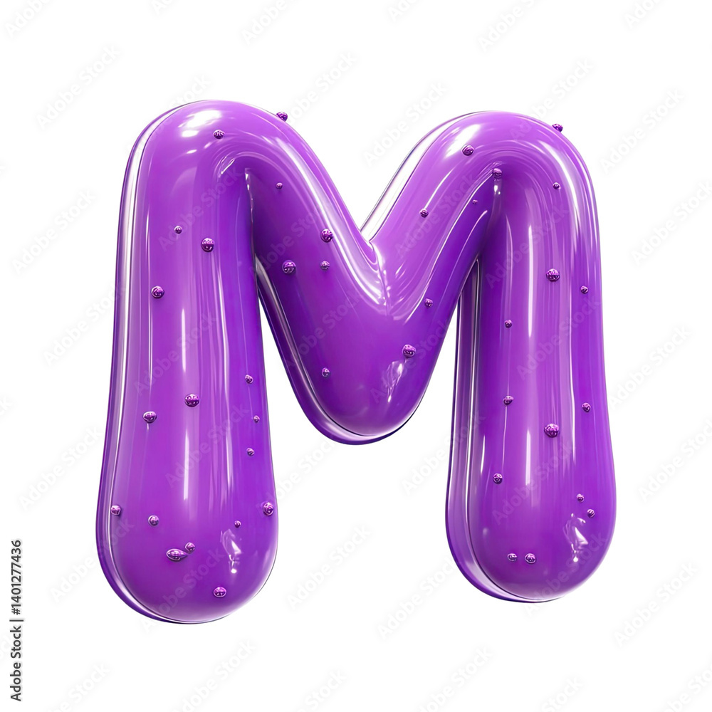 Poster glossy purple letter m on a transparent background with reflective surface and small dots scattered 