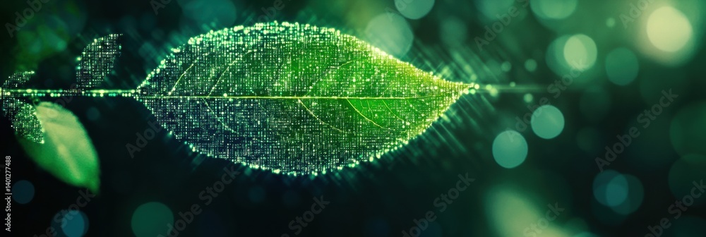 Aufkleber Green leaf transforming into digital pixels symbolizes the fusion of nature and technology in a vivid and imaginative setting