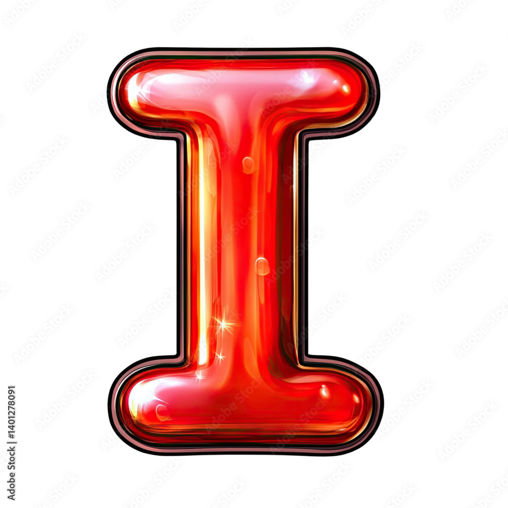 Poster glossy red letter i on transparent background with highlights and reflections