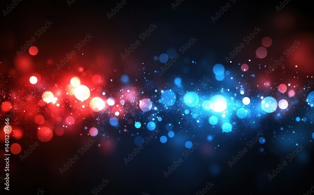 Poster abstract blurred background featuring bokeh lights in red and blue hues. shiny, glowing particles cr