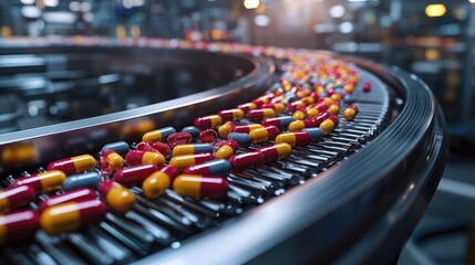 Automated pharmaceutical capsule production line.  Capsules move along a conveyor belt in a factory setting