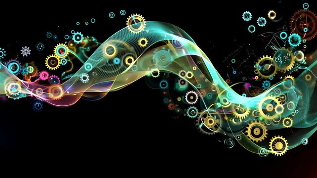 Abstract mechanical motion with cogs and gears, colorful and dynamic technology visualization