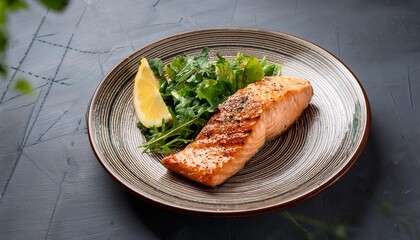 grilled salmon fillet served with fresh greens and lemon slice on a decorative plate healthy lunch