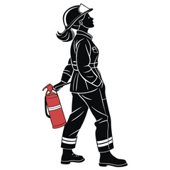 Female firefighter black silhouette with helmet and extinguisher, standing tall Vector