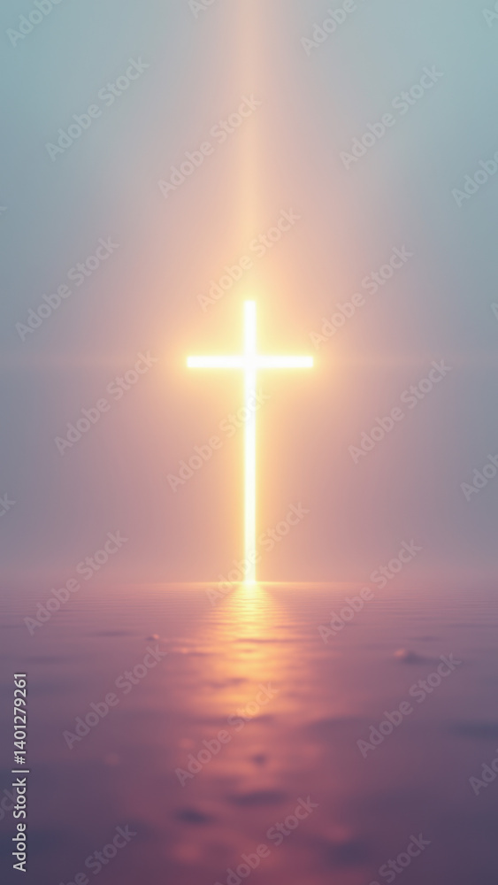Poster image features a blurred background with rays emanating towards a central focus, where a cross is pr