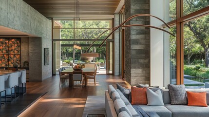 Fototapeta premium Elegant modern interior of a spacious living and dining area