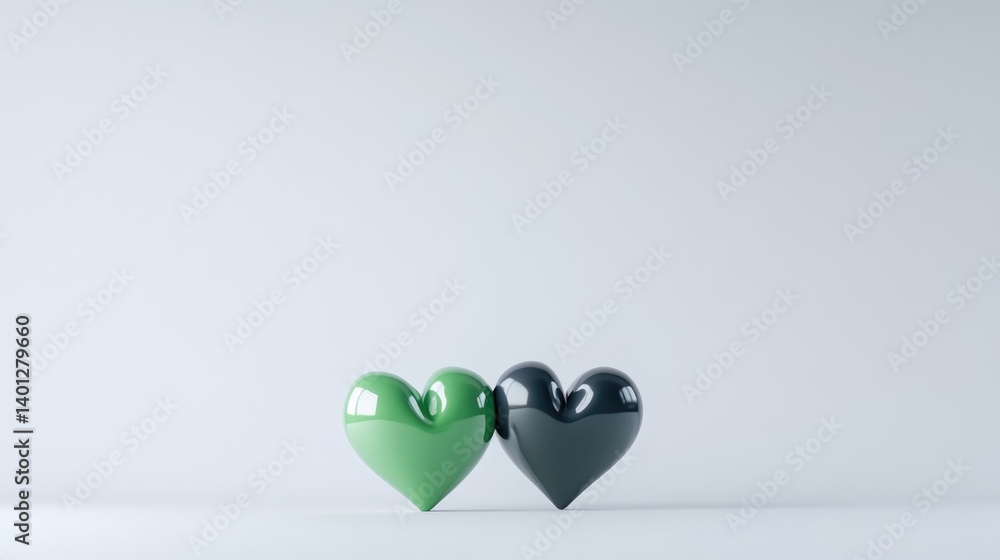 Poster two glossy hearts minimalist style high-resolution soft lighting centered close-up view reflective s