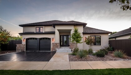 Fototapeta premium contemporary rustic charm awaits unwind in a transitional home with a stucco facade charcoal black accents and symmetrical landscaping for serene style