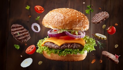 delicious cheeseburger with toppings and seasonings flying in mid air