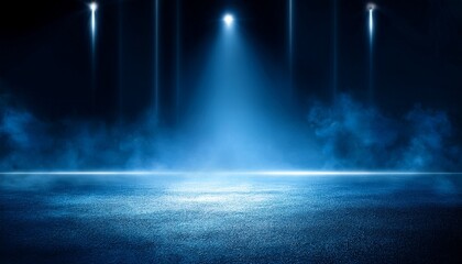 the dark stage shows empty dark blue background neon light spotlights the asphalt floor and studio room with smoke float up the interior texture for display products