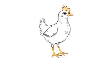 Obraz premium Simple white hen outline with color accents, curious, standing, against a plain background with copy space