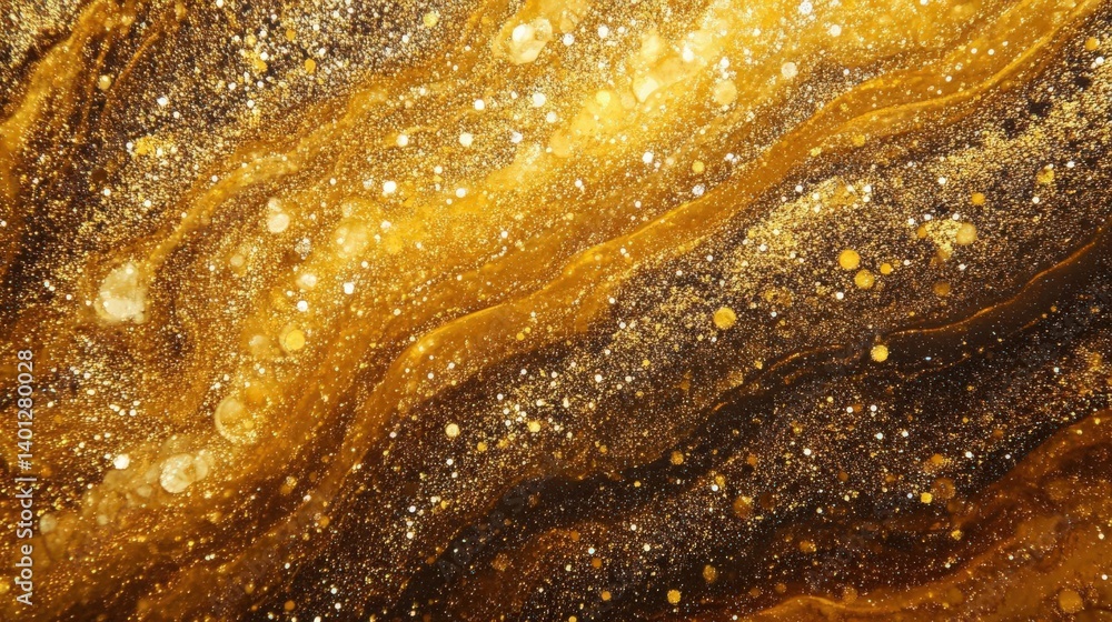 Poster elegant abstract background featuring golden glitter and shimmering bokeh lights, creating a luxurio