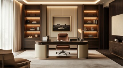 Luxurious Modern Office Interior Design: Elegant Workspace with Warm Lighting and Premium Furniture